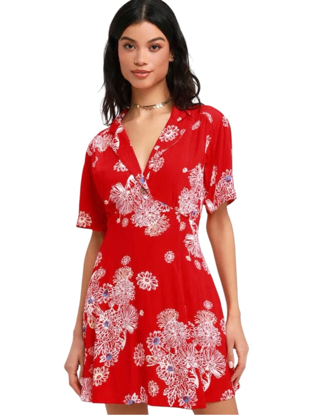 🌻Free People Blue Hawaii Red & White Floral Mini Dress Women's Size Small